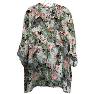 Jaclyn Smith 3X Longline Button Down Floral Tunic Blouse Plus Lightweight Y5